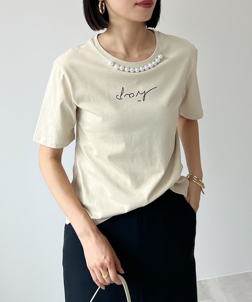 セール】Printed T-shirt With Pearls（Tシャツ/カットソー