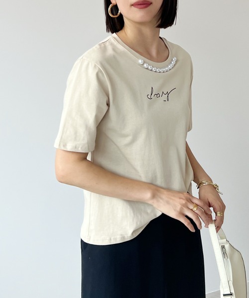 セール】Printed T-shirt With Pearls（Tシャツ/カットソー