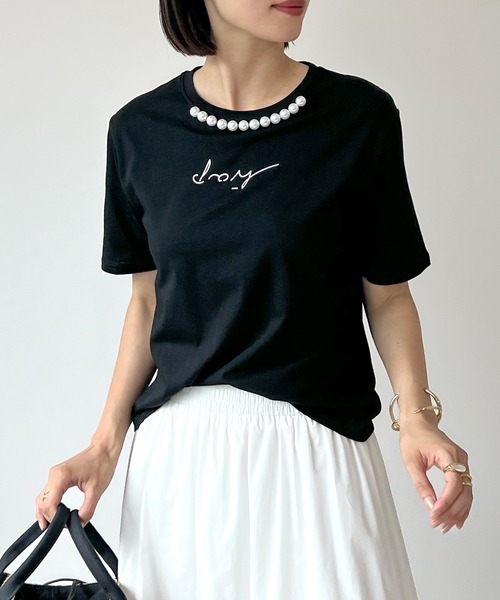 セール】Printed T-shirt With Pearls（Tシャツ/カットソー