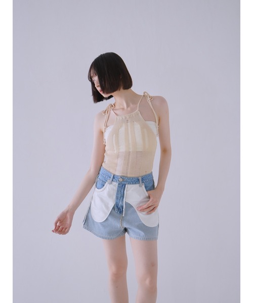 Uenui（ウニュイ）の「キャミソール ニット ストラップ シアー レイヤード リボン ビーズ（Tシャツ/カットソー・レディース・ブラック/ベージュ・FREE）」の7枚目の写真