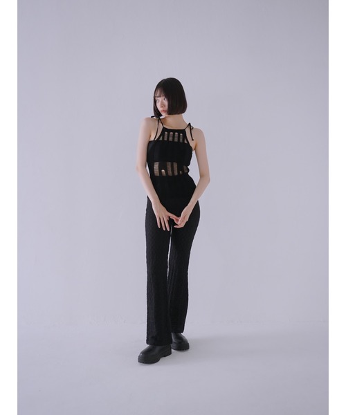 Uenui（ウニュイ）の「キャミソール ニット ストラップ シアー レイヤード リボン ビーズ（Tシャツ/カットソー・レディース・ブラック/ベージュ・FREE）」の5枚目の写真