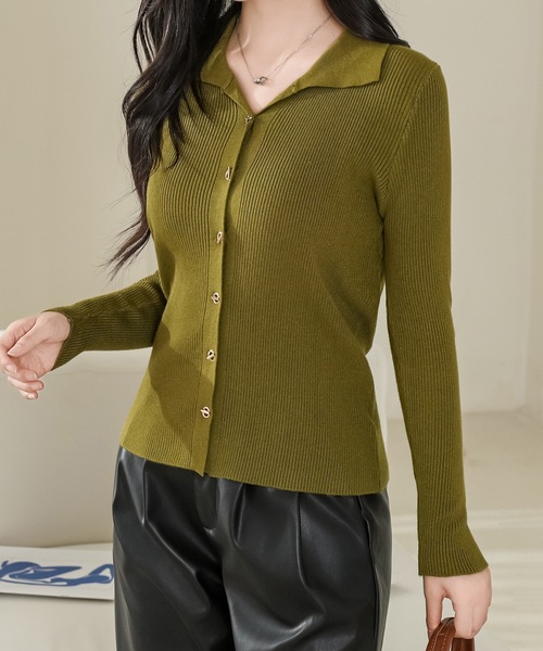 セール】衿付き Vネック 長袖 リブ ニット カーディガン（カーディガン