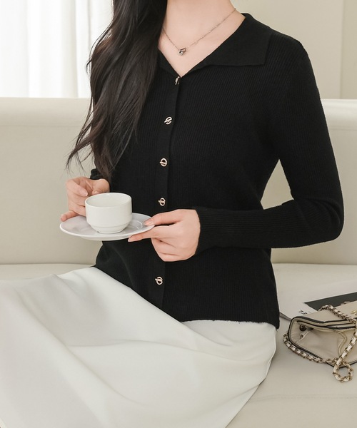 セール】衿付き Vネック 長袖 リブ ニット カーディガン（カーディガン