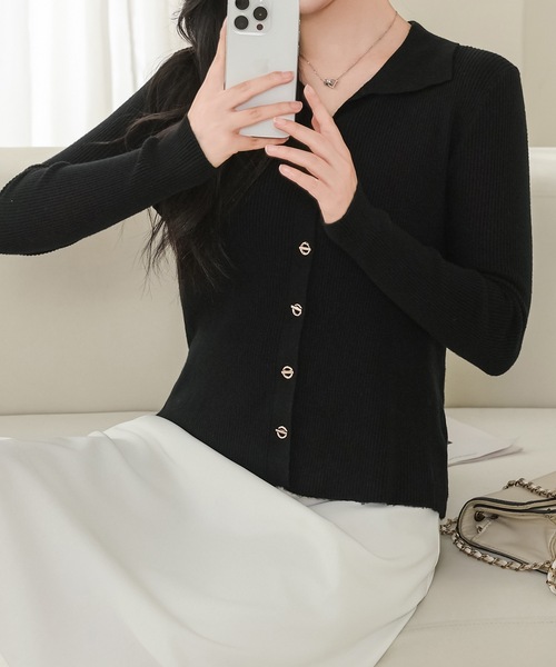 セール】衿付き Vネック 長袖 リブ ニット カーディガン（カーディガン
