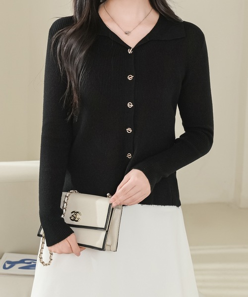 セール】衿付き Vネック 長袖 リブ ニット カーディガン（カーディガン