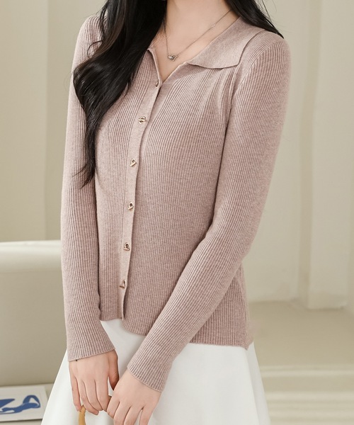 衿付き Vネック 長袖 リブ ニット カーディガン（カーディガン/ボレロ