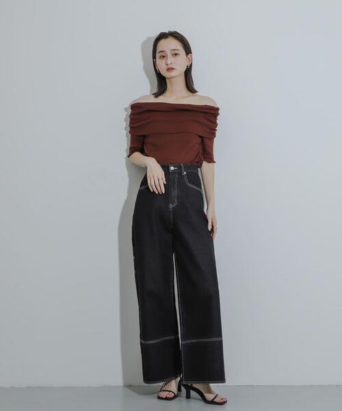 SENSE OF PLACE by URBAN RESEARCH（センスオブプレイスバイアーバンリサーチ）の「シャーリングオフショルダーシアートップ（Tシャツ/カットソー・レディース・ブラウン/オフホワイト/ブラック・ONE）」の19枚目の写真