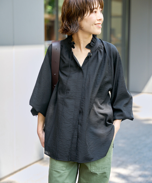 ちー　スピック&スパン　黒　ハイブリットフリルリボン　ブラウス Spick & Span（スピックアンドスパン）の「ハイブリットフリルリボン
