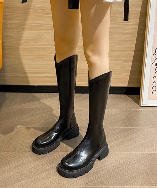 セール】バックファスナー ウエスタン 厚底 ロング ブーツ