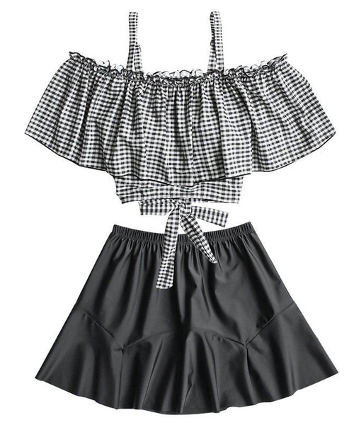 セール】チェック柄 オフショルダー スイムウェア 水着