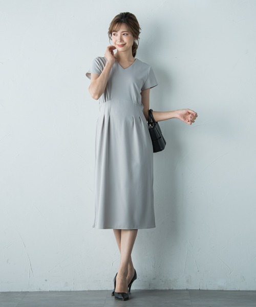 ケティ/カットジョーゼット半袖Vネックワンピース ≪洗濯機で洗える≫ カットジョーゼット半袖Vワンピース≪洗濯機で洗える≫（ワンピース