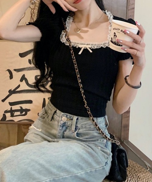 Nia(ニア)の「Nia(ニア)/バックリボン フレンチカットソー(Tシャツ/カットソー・レディース・ピンク/ブラック・FREE)」の9枚目の写真
