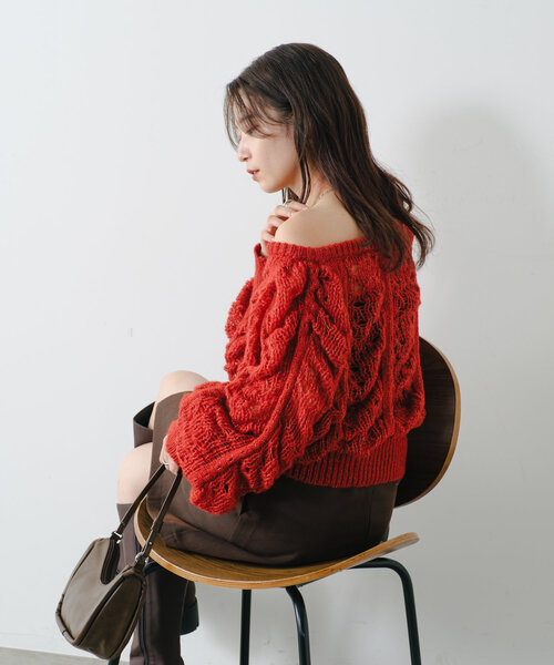 Kastane（カスタネ）の「シャーリング透かしニット（ニット/セーター・レディース・カーキ/オレンジ/アイボリー/レッド・FREE）」の10枚目の写真