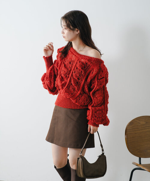 Kastane（カスタネ）の「シャーリング透かしニット（ニット/セーター・レディース・カーキ/オレンジ/アイボリー/レッド・FREE）」の11枚目の写真