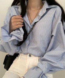 ボリュームスリーブストライプシャツ