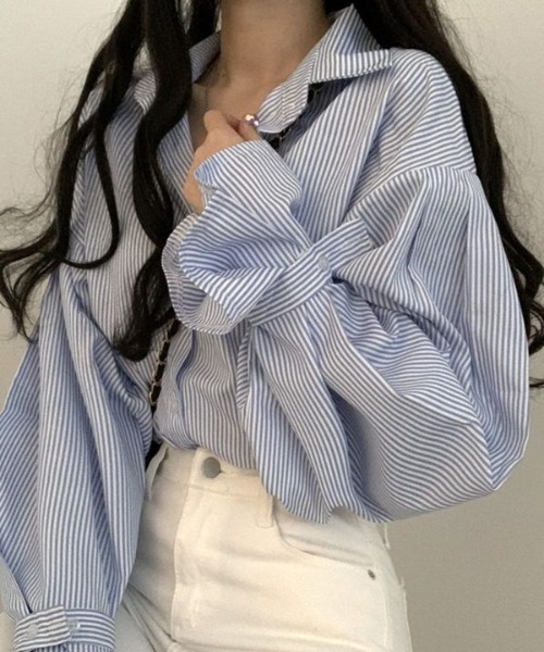 H.TOKYO(エイチトウキョウ)の「ボリュームスリーブストライプシャツ(シャツ/ブラウス・レディース・ブラック/ブルー・SMALL/MEDIUM/LARGE/X-LARGE)」の13枚目の写真