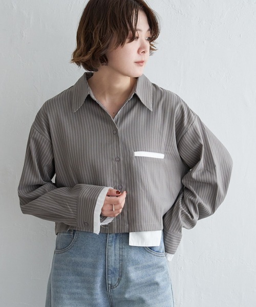 notch.(ノッチ)の「ストライプジェットポケットシャツ(シャツ/ブラウス・レディース・グレー/チャコール/ベージュ・M)」の1枚目の写真