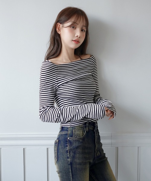 by muni:r（バイ ムニール）の「[お気に入り登録数 20,000人突破!] ストライプオフショルダーTシャツ（Tシャツ/カットソー・レディース・ブラック・FREE）」の13枚目の写真