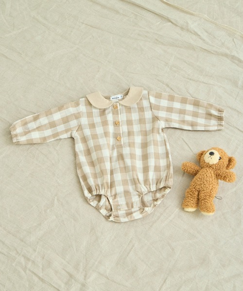 pairmanon(ペアマノン)の「【ベビー】チェック ストライプ 丸襟ロンパース(ロンパース・キッズ・ブラック/ブラウン/ベージュ/ブルー・80/70)」の1枚目の写真
