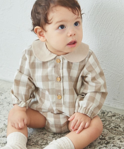 セール】【ベビー】チェック ストライプ 丸襟ロンパース