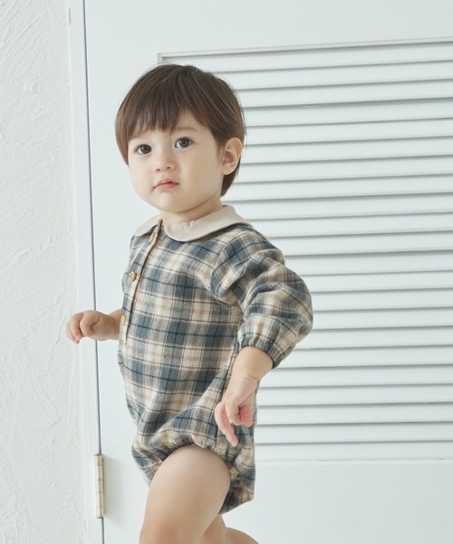 pairmanon(ペアマノン)の「【ベビー】チェック ストライプ 丸襟ロンパース(ロンパース・キッズ・ブラック/ブラウン/ベージュ/ブルー・80/70)」の14枚目の写真