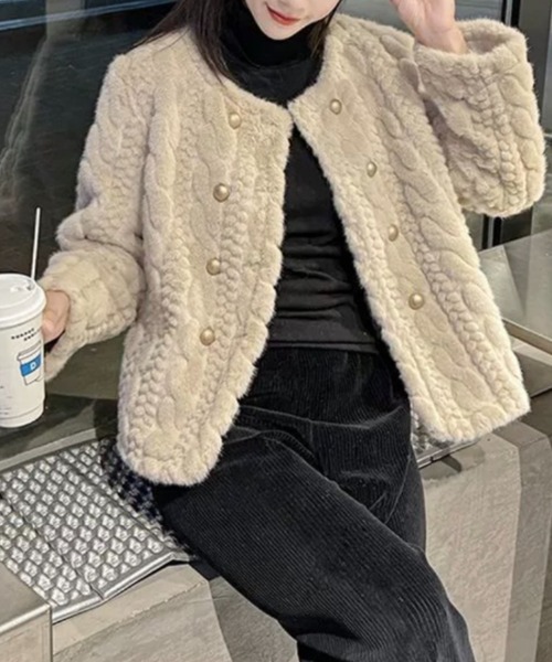 ルイフェロー ネイビー フェイクファーコート 猫ボタン F ヴィンテージ