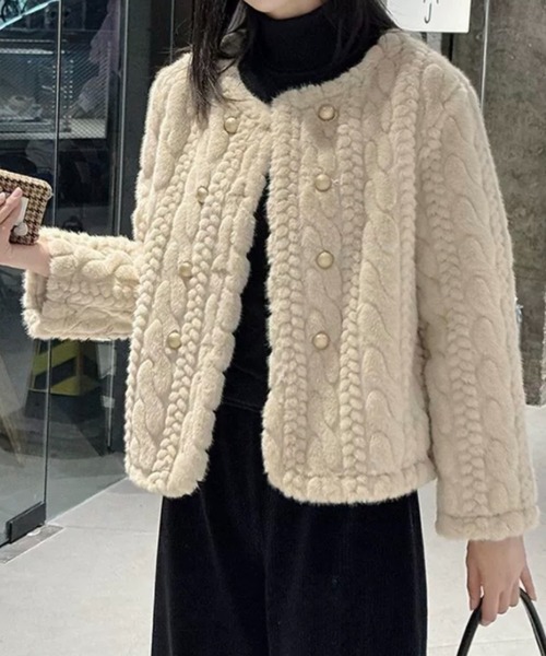 タグ付属★極美品★セオリー★ショートノーカラーファーブルゾン★シュガーピンク コート アウター ショート丈ビッグカラーフェイクファーブルゾン