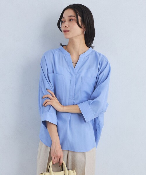 green label relaxing(グリーンレーベルリラクシング)の「ドビー スキッパー ポケット 7分袖 ブラウス(シャツ/ブラウス・レディース・ライトブルー/ホワイト/ネイビー・FREE)」の4枚目の写真