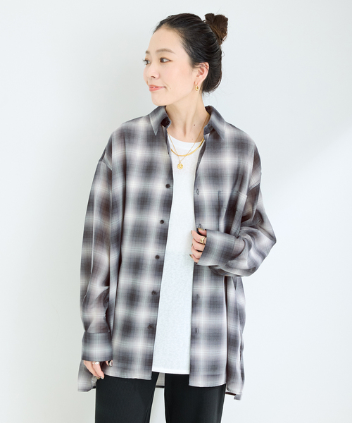 B.C STOCK(ベーセーストック)の「手洗い可 / シアーボイルチェックオーバーシャツ(シャツ/ブラウス・レディース・ブラック/ベージュ・FREE)」の14枚目の写真