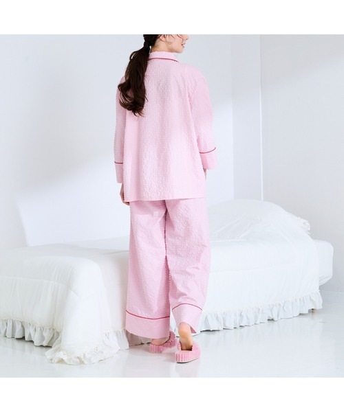 ロゴ刺繍 チェックジャガードパジャマ ピンク（ルームウェア/パジャマ