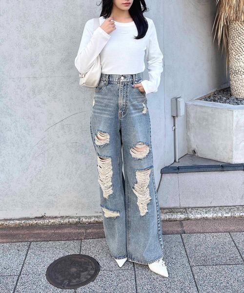 INGNI(イング)の「GOLDプレートテレコ長袖ピタTシャツ(Tシャツ/カットソー・レディース・オフホワイト/チャコールグレー/ブラック・M)」の7枚目の写真