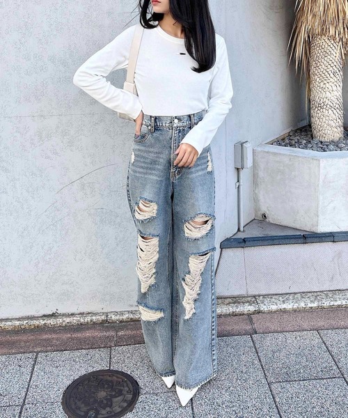 INGNI(イング)の「GOLDプレートテレコ長袖ピタTシャツ(Tシャツ/カットソー・レディース・オフホワイト/チャコールグレー/ブラック・M)」の8枚目の写真