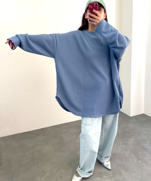 hyu,il(ヒュイル)の「超ビッグシルエット 前後2WAYワッフルカーディガン(カーディガン/ボレロ・レディース・モカ/ブルー系その他・FREE)」の9枚目の写真