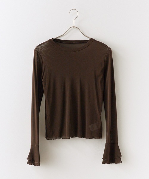 ROOPTOKYO(ループトウキョウ)の「Flare Sleeve Mellow Sheer Innerwear / フレアスリーブメローデザイン シアートップス(Tシャツ/カットソー・レディース・ブラウン/ホワイト/ブラック/グレー・FREE)」の6枚目の写真