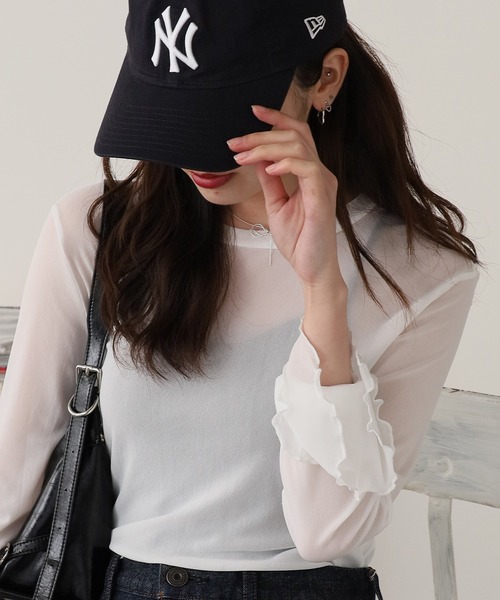 ROOPTOKYO(ループトウキョウ)の「Flare Sleeve Mellow Sheer Innerwear / フレアスリーブメローデザイン シアートップス(Tシャツ/カットソー・レディース・ブラウン/ホワイト/ブラック/グレー・FREE)」の11枚目の写真