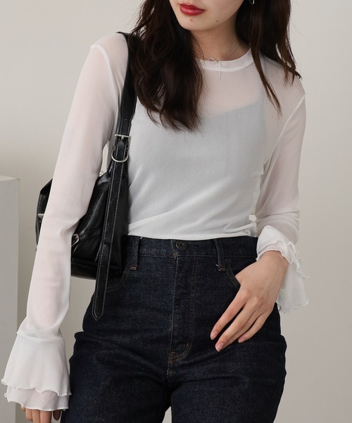 ROOPTOKYO(ループトウキョウ)の「Flare Sleeve Mellow Sheer Innerwear / フレアスリーブメローデザイン シアートップス(Tシャツ/カットソー・レディース・ブラウン/ホワイト/ブラック/グレー・FREE)」の12枚目の写真