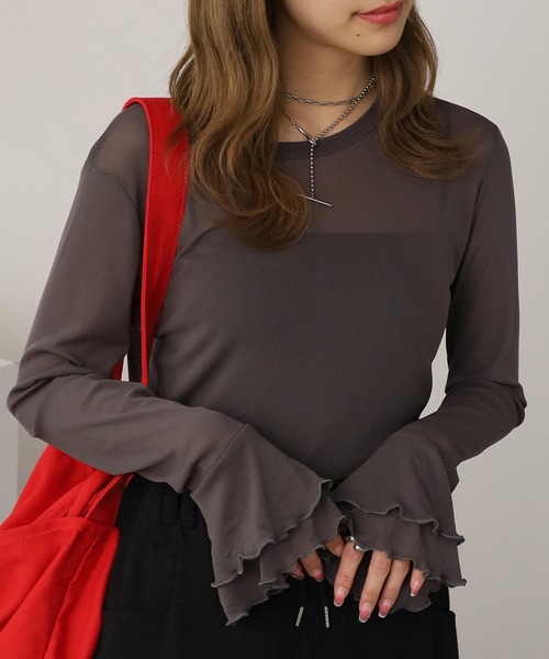 ROOPTOKYO(ループトウキョウ)の「Flare Sleeve Mellow Sheer Innerwear / フレアスリーブメローデザイン シアートップス(Tシャツ/カットソー・レディース・ブラウン/ホワイト/ブラック/グレー・FREE)」の22枚目の写真