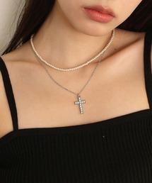 CEMONEMO | 【金属アレルギー対応】 キュービック クロスネックレス パールネックレス 2セット / サージカルステンレス316L(ネックレス)