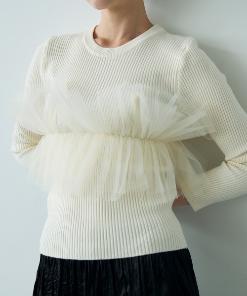 Clum(クルム)の「Lace design layered knit top / レースデザインレイヤードニットトップス(ニット/セーター・レディース・オフホワイト/グレー・FREE)」の4枚目の写真