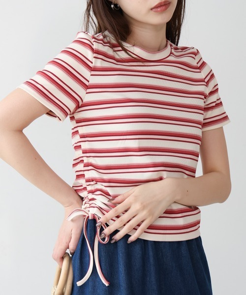 Bab(バブ)の「マルチボーダーサイドシャーリングTシャツ(Tシャツ/カットソー・レディース・ブラウン/ピンク/ブルー/ブラック・M)」の2枚目の写真