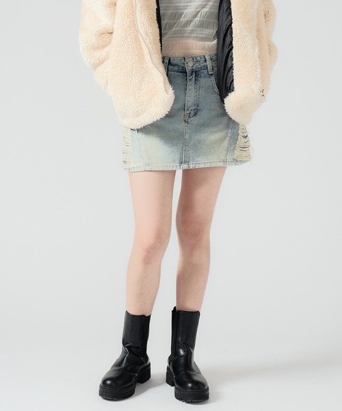セール】Side Damage Denim Mini Skirt / サイドダメージ デニム