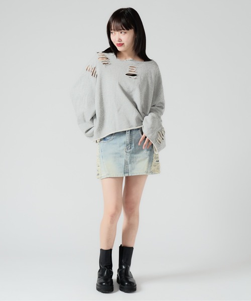 セール】Side Damage Denim Mini Skirt / サイドダメージ デニム