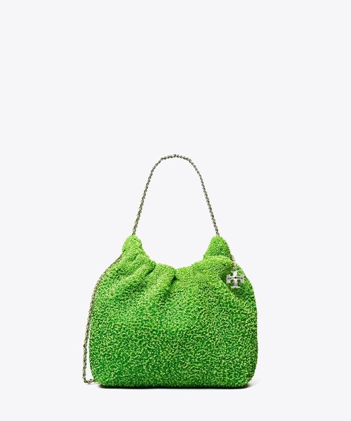 【美品】トリーバーチ 緑色フリンジ付きバッグ Tory Burch x BonBon フレミング エンベリッシュ ミニ ホーボー