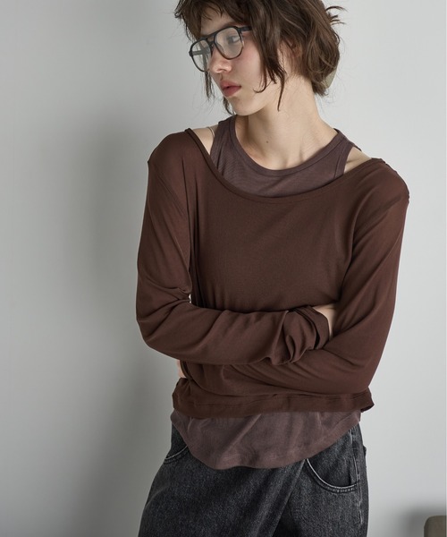 THE YOn（ザヨン）の「タンクレイヤードシアーロングスリーブプルオーバー（Tシャツ/カットソー・レディース・テラコッタ/ブラウン/クリーム/ブラック・FREE）」の17枚目の写真