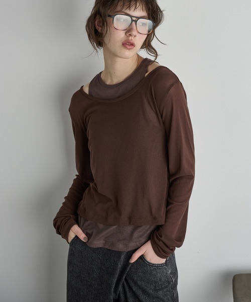 THE YOn（ザヨン）の「タンクレイヤードシアーロングスリーブプルオーバー（Tシャツ/カットソー・レディース・テラコッタ/ブラウン/クリーム/ブラック・FREE）」の15枚目の写真