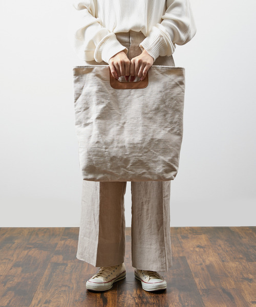 SLOW(スロウ)の「SLOW スロウ / truck - 2way tote bag L - ヌバックレザー×コットンリネンキャンバス2WAYトートバッグ ショルダーバッグ / 300S121J(トートバッグ・メンズ・アイボリー/ブラック・FREE)」の4枚目の写真