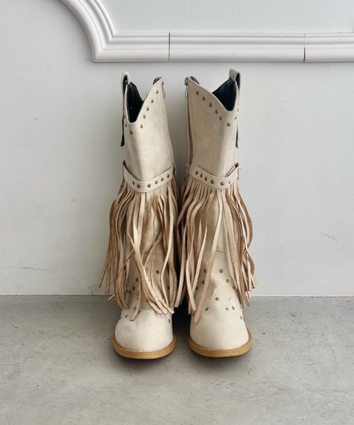 フリンジ ウエスタンブーツ 23cm Jacaベージュ フリンジ ウエスタン