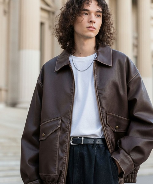 セール】ヴィンテージ フェイクレザー 中綿入り ライダースブルゾン