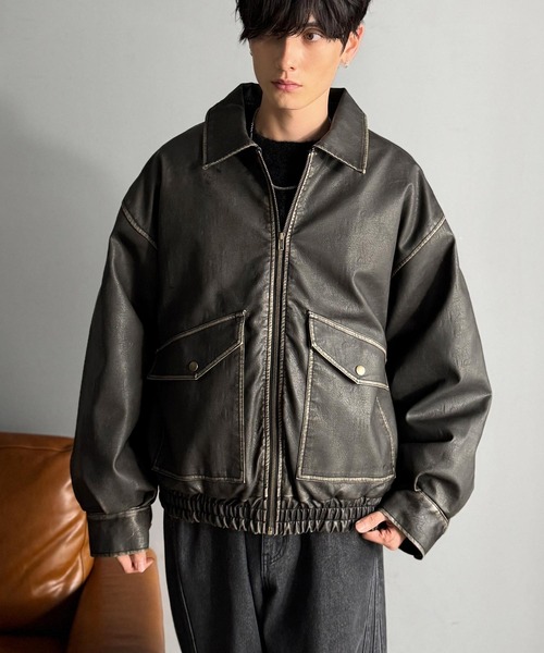 セール】ヴィンテージ フェイクレザー 中綿入り ライダースブルゾン