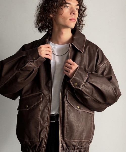 セール】ヴィンテージ フェイクレザー 中綿入り ライダースブルゾン